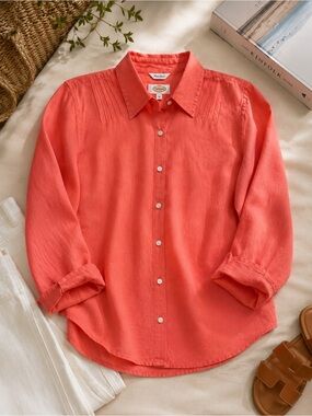 Talbots Irish Linen Coral Button Front Shirt Medium Sun Washed Coastal Classic